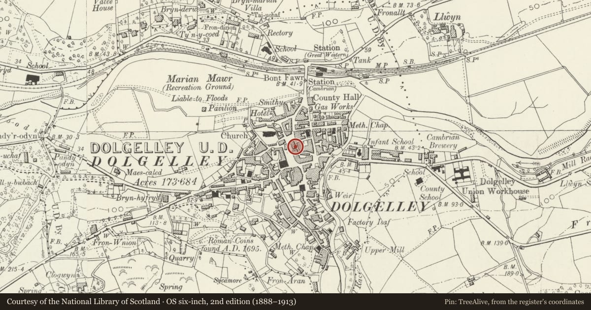 Ordnance Survey six-inch map, 2nd edition (1888–1913) covering the location of Central Buildings (formerly known as Meyrick House), Dolgellau, Gwynedd, with a pin at the register's coordinates