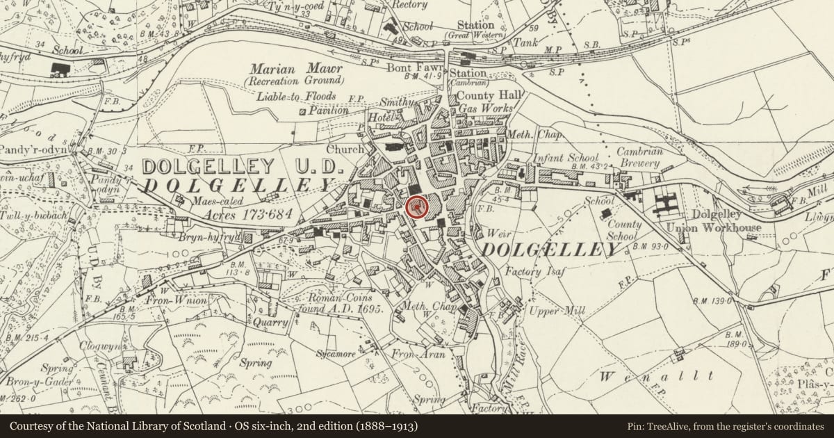 Ordnance Survey six-inch map, 2nd edition (1888–1913) covering the location of Ivy House, Dolgellau, Gwynedd, with a pin at the register's coordinates