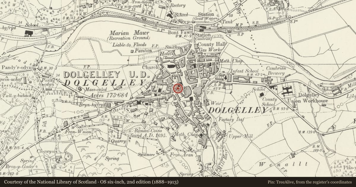 Ordnance Survey six-inch map, 2nd edition (1888–1913) covering the location of J.V.Morgan & Son, Dolgellau, Gwynedd, with a pin at the register's coordinates