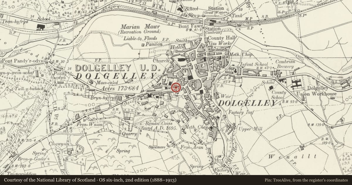 Ordnance Survey six-inch map, 2nd edition (1888–1913) covering the location of Bod Alaw, Dolgellau, Gwynedd, with a pin at the register's coordinates