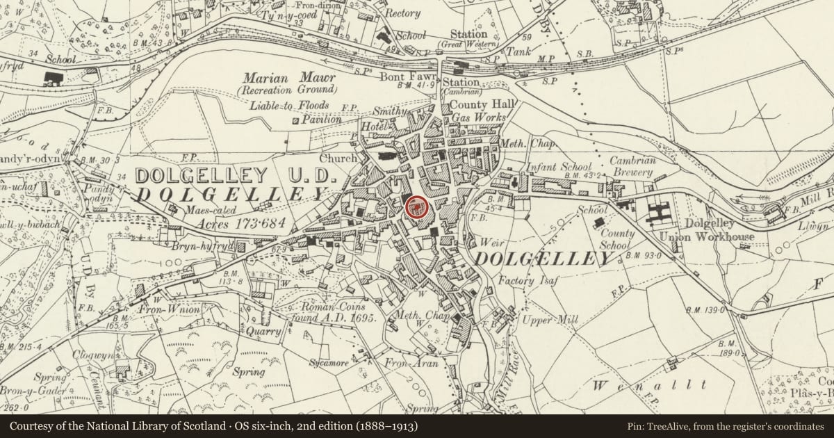 Ordnance Survey six-inch map, 2nd edition (1888–1913) covering the location of Premises of Raynor Opticians, Dolgellau, Gwynedd, with a pin at the register's coordinates