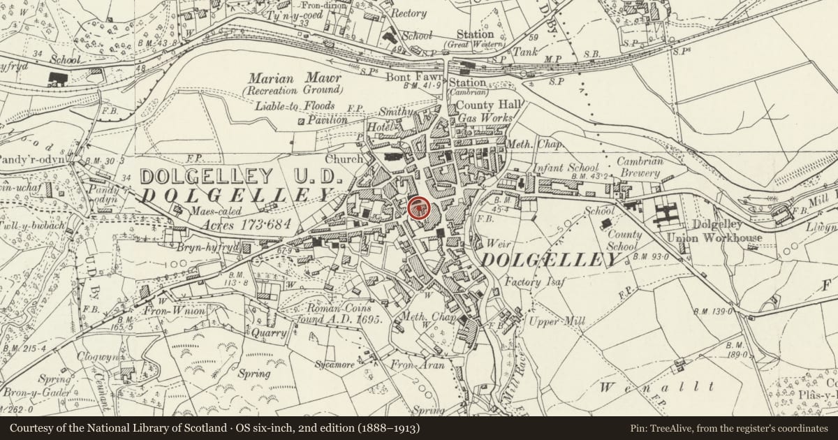 Ordnance Survey six-inch map, 2nd edition (1888–1913) covering the location of Maesgwyn, Dolgellau, Gwynedd, with a pin at the register's coordinates