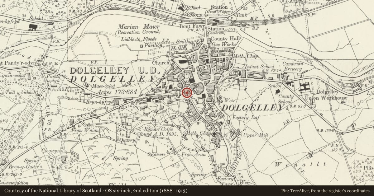 Ordnance Survey six-inch map, 2nd edition (1888–1913) covering the location of Former Shop on corner with Springfield Sreet, Dolgellau, Gwynedd, with a pin at the register's coordinates