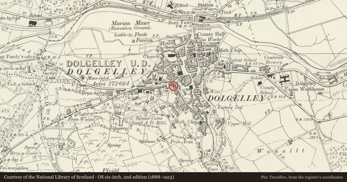 Ordnance Survey six-inch map, 2nd edition (1888–1913) covering the location of Cottage adjoining service range of Plas Gwyn, Dolgellau, Gwynedd, with a pin at the register's coordinates