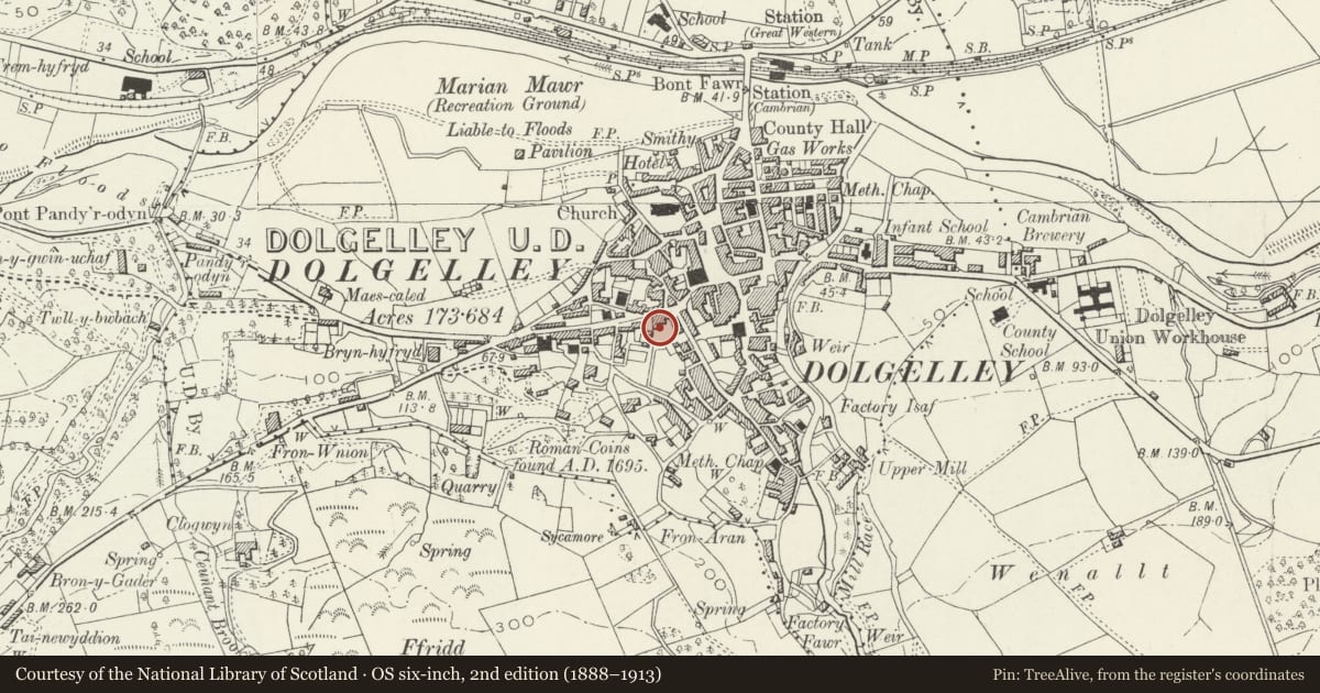 Ordnance Survey six-inch map, 2nd edition (1888–1913) covering the location of Plas Gwyn, Dolgellau, Gwynedd, with a pin at the register's coordinates
