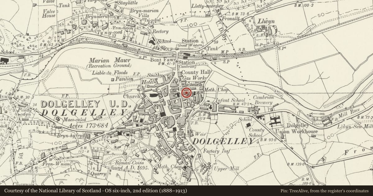 Ordnance Survey six-inch map, 2nd edition (1888–1913) covering the location of Nigel J. Elson, Roofing Repairs, Dolgellau, Gwynedd, with a pin at the register's coordinates