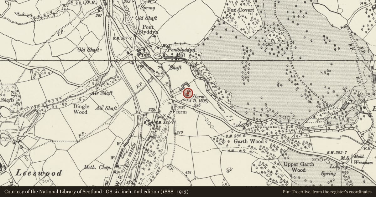 Ordnance Survey six-inch map, 2nd edition (1888–1913) covering the location of Fferm Farmhouse, Leeswood and Pontblyddyn, Flintshire, with a pin at the register's coordinates