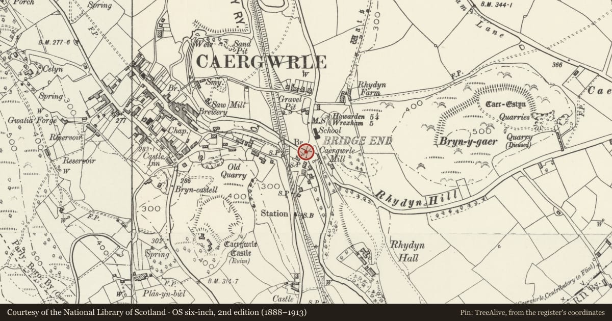 Ordnance Survey six-inch map, 2nd edition (1888–1913) covering the location of Bridge End Bridge, Hope, Flintshire, with a pin at the register's coordinates