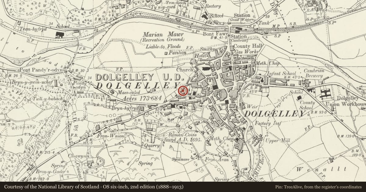 Ordnance Survey six-inch map, 2nd edition (1888–1913) covering the location of 5 Y Lawnt, Dolgellau, Gwynedd, with a pin at the register's coordinates