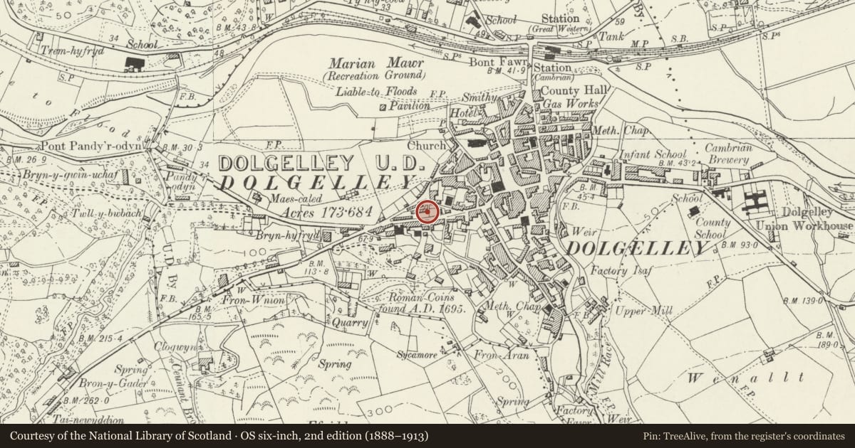 Ordnance Survey six-inch map, 2nd edition (1888–1913) covering the location of Tan-y-Bryn, Dolgellau, Gwynedd, with a pin at the register's coordinates