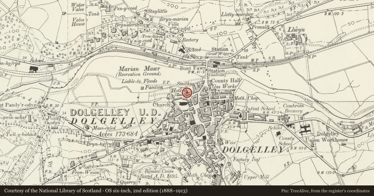 Ordnance Survey six-inch map, 2nd edition (1888–1913) covering the location of Golden Lion Royal Hotel, Dolgellau, Gwynedd, with a pin at the register's coordinates