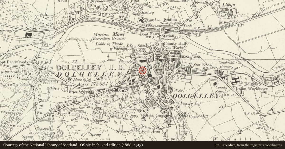Ordnance Survey six-inch map, 2nd edition (1888–1913) covering the location of Gladstone House, Dolgellau, Gwynedd, with a pin at the register's coordinates