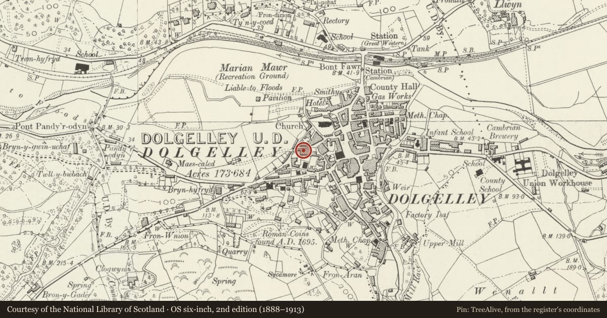 Ordnance Survey six-inch map, 2nd edition (1888–1913) covering the location of Llety Clyd, Dolgellau, Gwynedd, with a pin at the register's coordinates