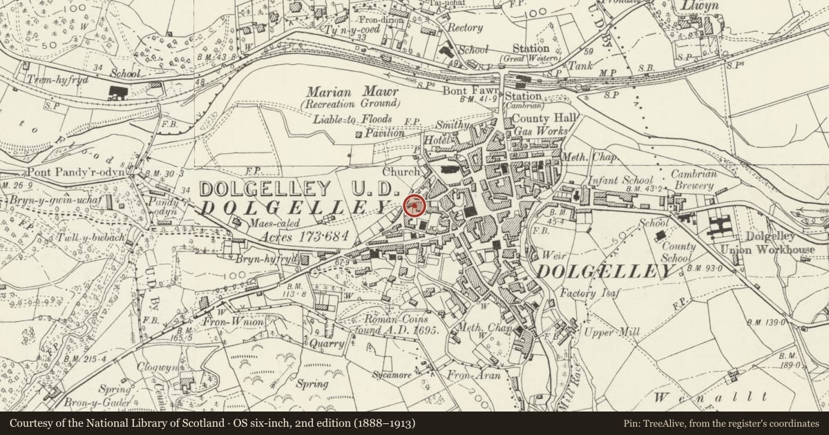 Ordnance Survey six-inch map, 2nd edition (1888–1913) covering the location of The Old Bank, Dolgellau, Gwynedd, with a pin at the register's coordinates