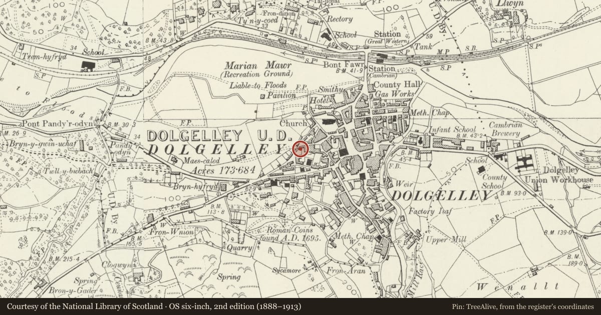 Ordnance Survey six-inch map, 2nd edition (1888–1913) covering the location of The Old Bank, Dolgellau, Gwynedd, with a pin at the register's coordinates