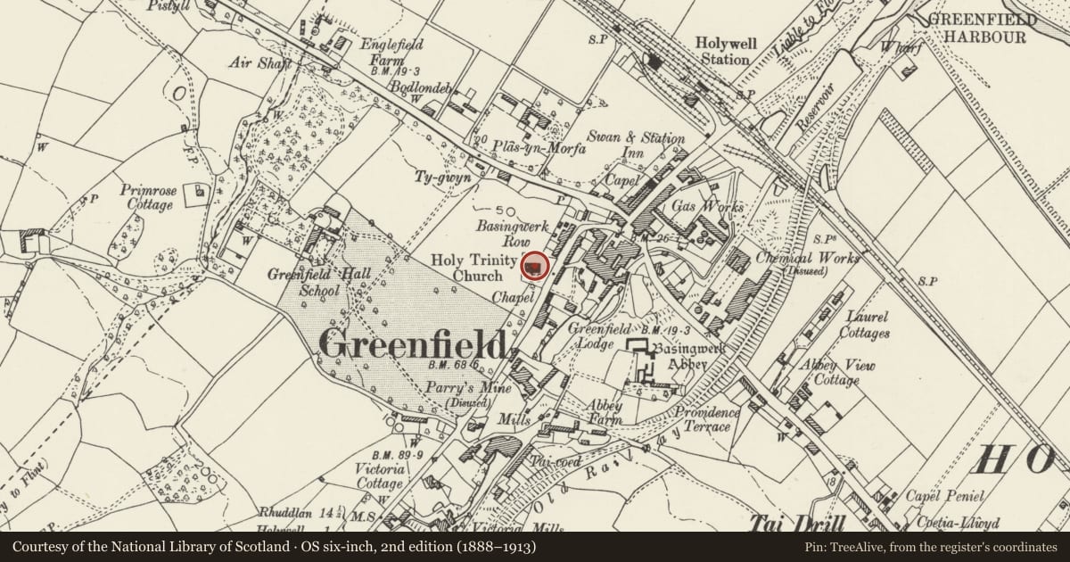 Ordnance Survey six-inch map, 2nd edition (1888–1913) covering the location of Holy Trinity Church, Holywell, Flintshire, with a pin at the register's coordinates