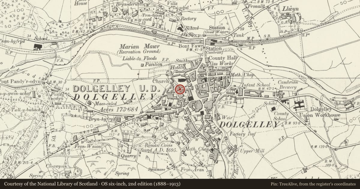 Ordnance Survey six-inch map, 2nd edition (1888–1913) covering the location of Dolwyn Terrace, Dolgellau, Gwynedd, with a pin at the register's coordinates