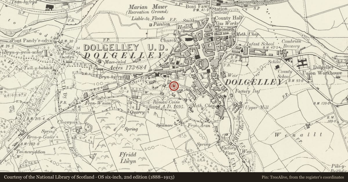Ordnance Survey six-inch map, 2nd edition (1888–1913) covering the location of Gatepiers & Walls to entrance to Bryn Mair, Dolgellau, Gwynedd, with a pin at the register's coordinates