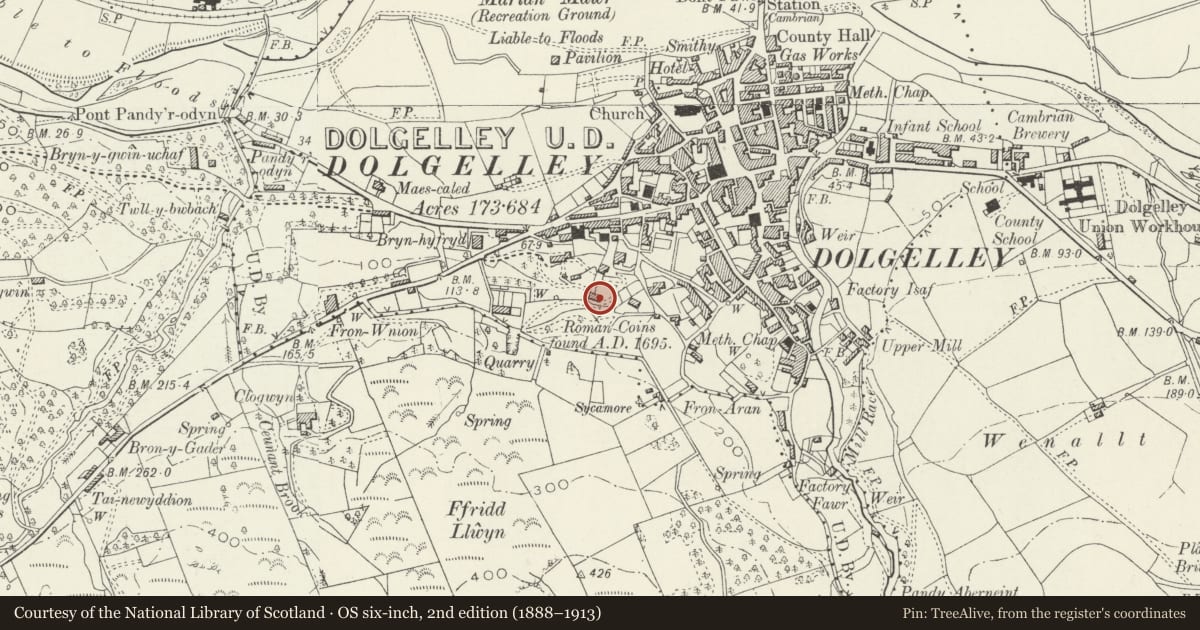 Ordnance Survey six-inch map, 2nd edition (1888–1913) covering the location of Stable Tables & Loose Box to Bryn Mair, Dolgellau, Gwynedd, with a pin at the register's coordinates