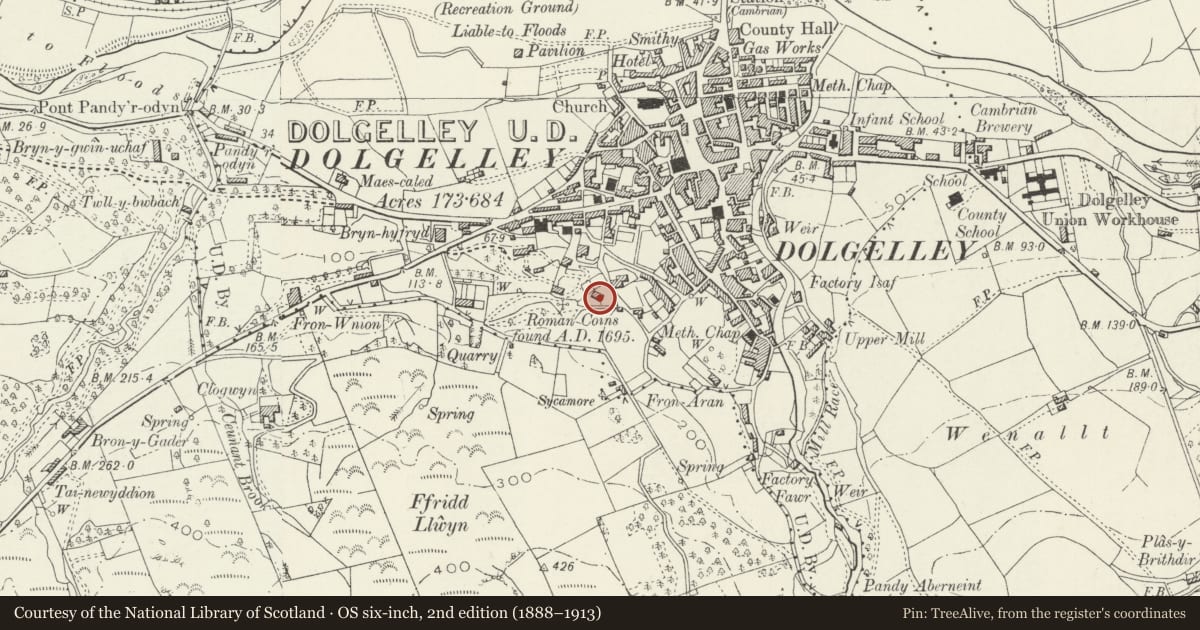 Ordnance Survey six-inch map, 2nd edition (1888–1913) covering the location of Brynbella, Dolgellau, Gwynedd, with a pin at the register's coordinates