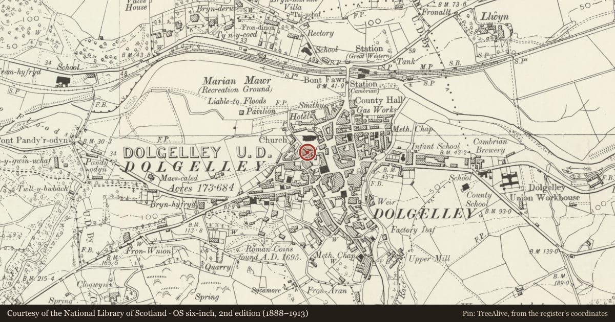 Ordnance Survey six-inch map, 2nd edition (1888–1913) covering the location of 1 Marian Road, Dolgellau, Gwynedd, with a pin at the register's coordinates