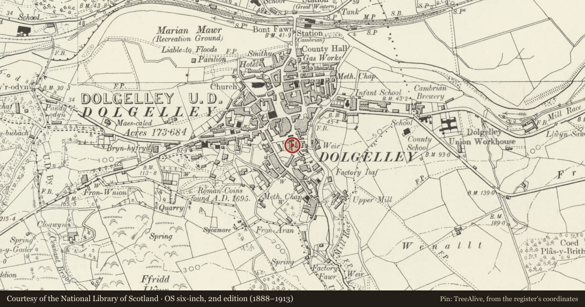 Ordnance Survey six-inch map, 2nd edition (1888–1913) covering the location of Cemlyn House, Dolgellau, Gwynedd, with a pin at the register's coordinates