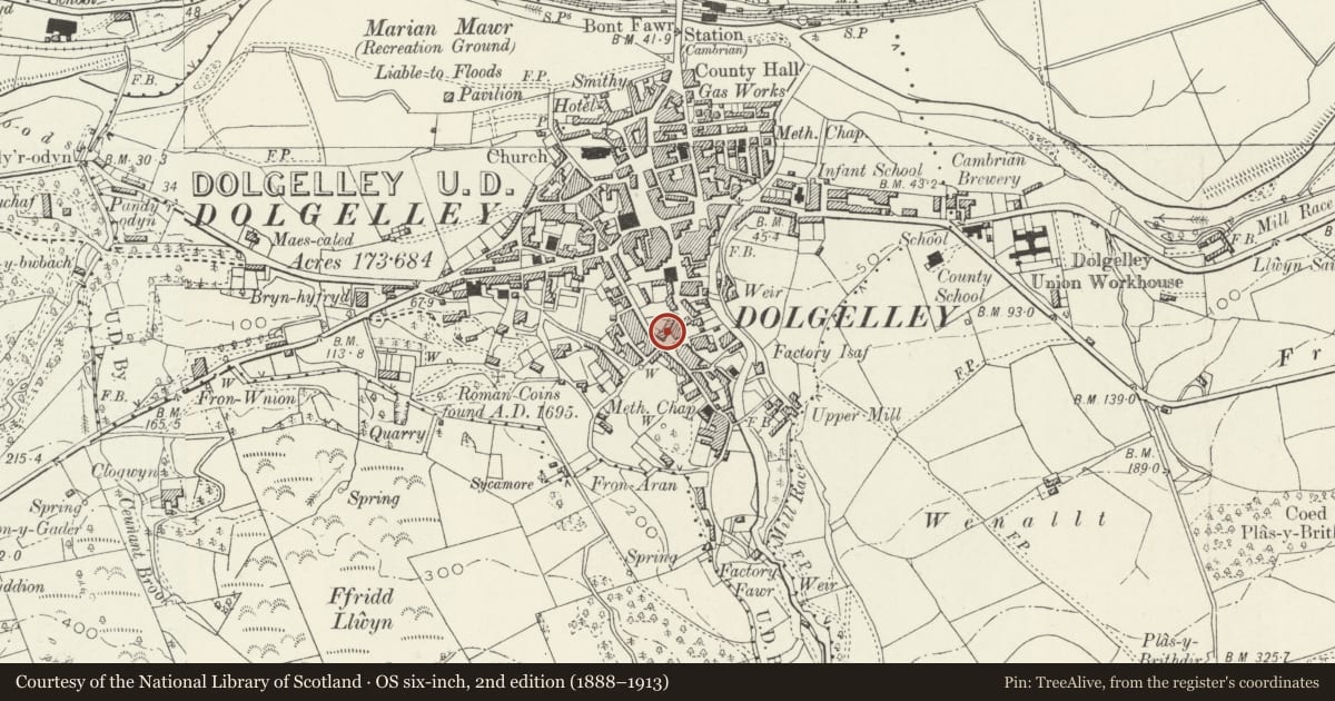 Ordnance Survey six-inch map, 2nd edition (1888–1913) covering the location of Plas Uchaf, Dolgellau, Gwynedd, with a pin at the register's coordinates