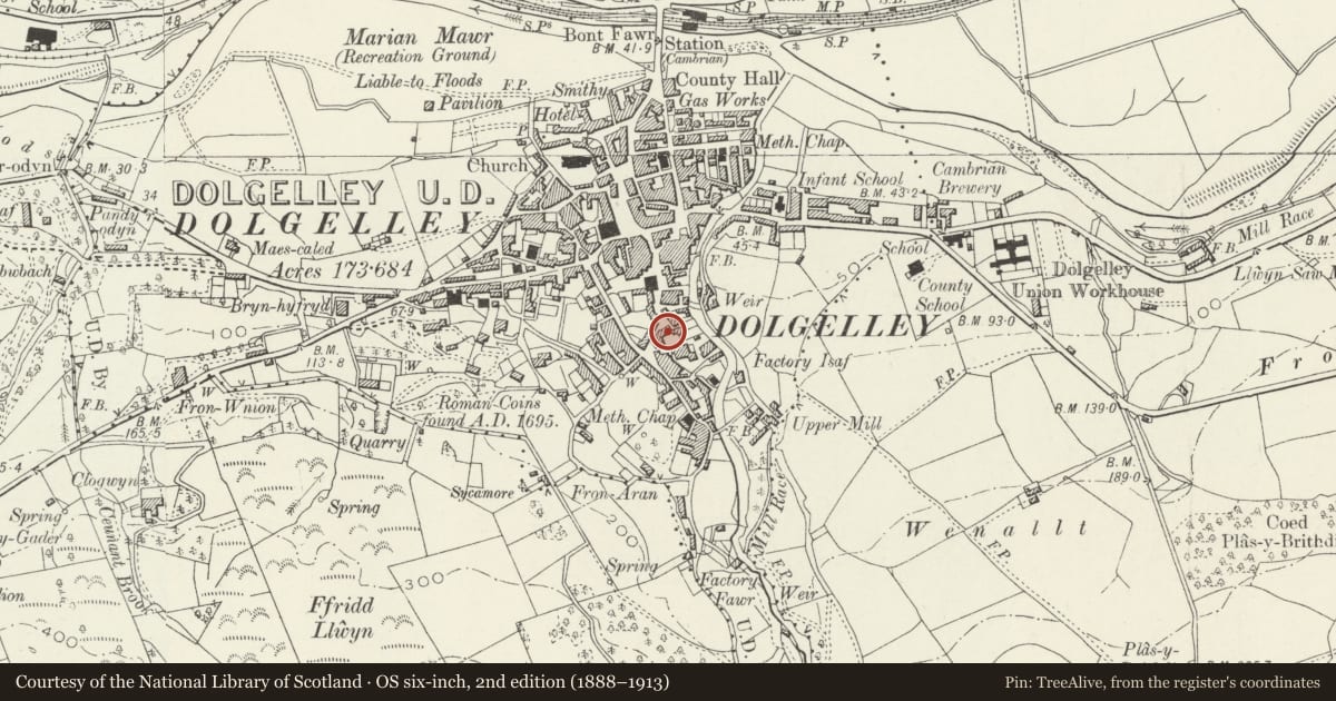 Ordnance Survey six-inch map, 2nd edition (1888–1913) covering the location of Tay-y-Gader, Dolgellau, Gwynedd, with a pin at the register's coordinates