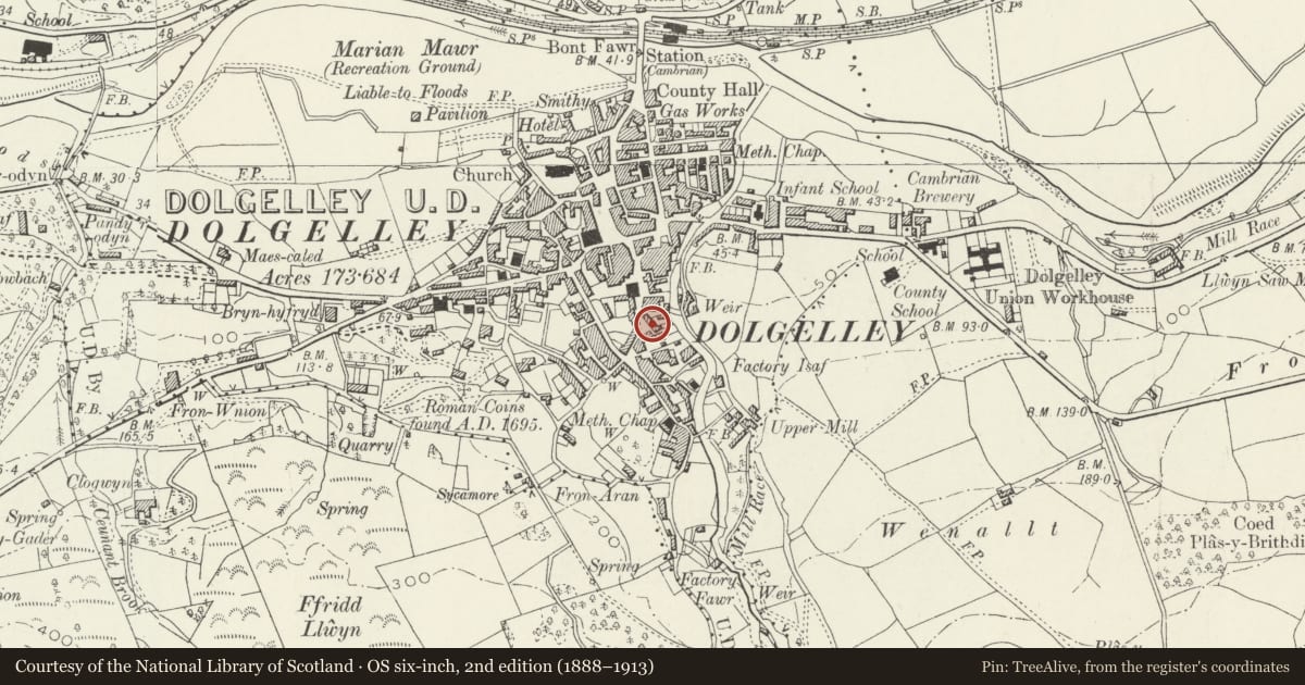 Ordnance Survey six-inch map, 2nd edition (1888–1913) covering the location of Tan Rhiw, Dolgellau, Gwynedd, with a pin at the register's coordinates