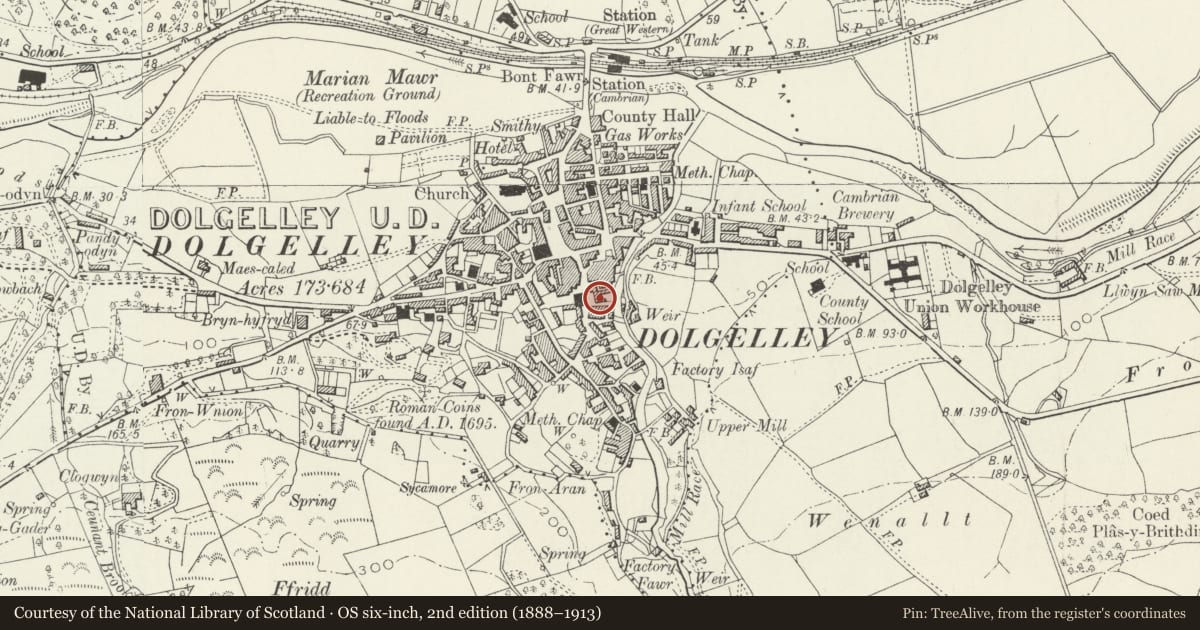 Ordnance Survey six-inch map, 2nd edition (1888–1913) covering the location of Fro Awel, Dolgellau, Gwynedd, with a pin at the register's coordinates