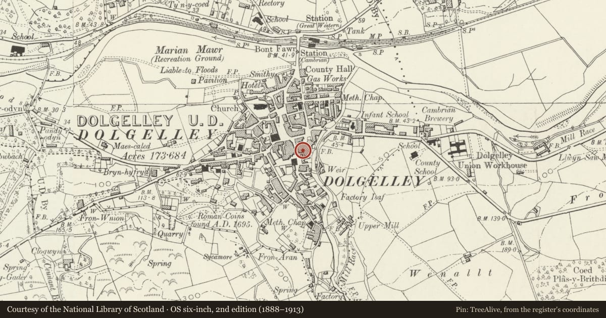 Ordnance Survey six-inch map, 2nd edition (1888–1913) covering the location of Mervinian House, Dolgellau, Gwynedd, with a pin at the register's coordinates