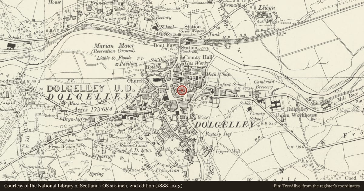 Ordnance Survey six-inch map, 2nd edition (1888–1913) covering the location of Forden House, Dolgellau, Gwynedd, with a pin at the register's coordinates