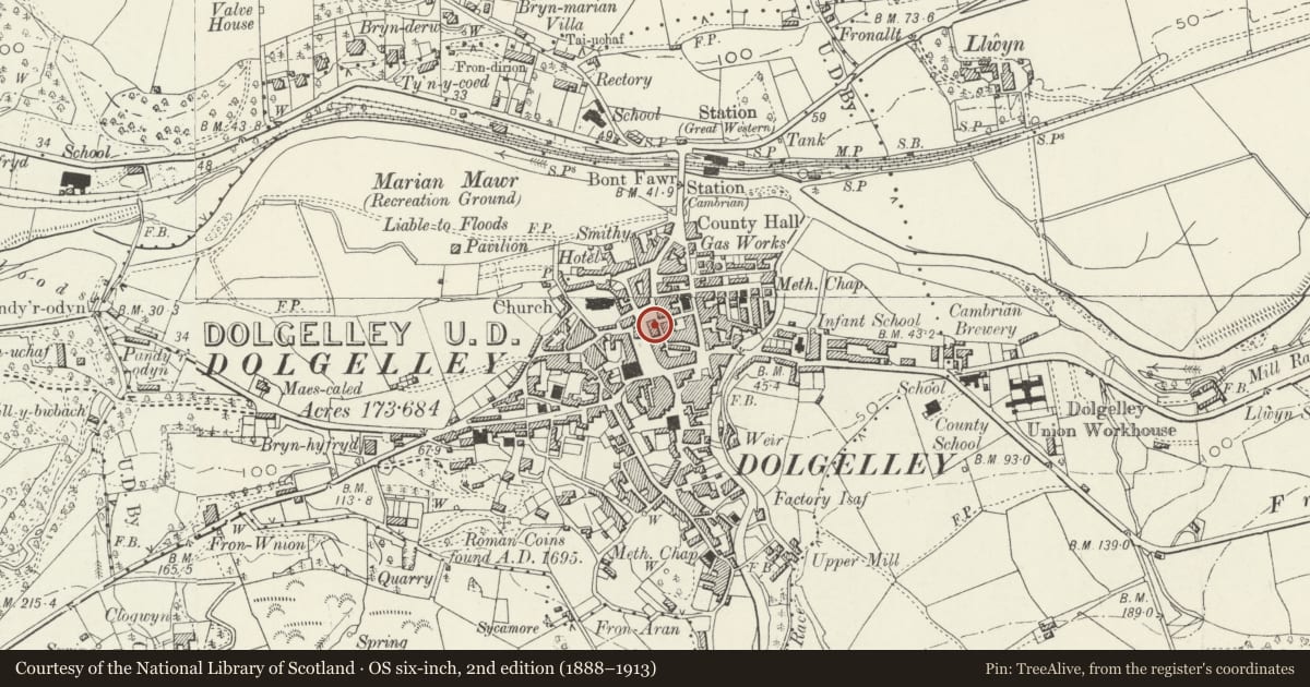 Ordnance Survey six-inch map, 2nd edition (1888–1913) covering the location of R & G Wynne Williams, Dolgellau, Gwynedd, with a pin at the register's coordinates