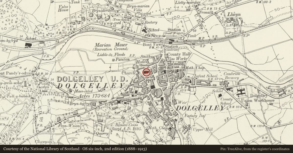 Ordnance Survey six-inch map, 2nd edition (1888–1913) covering the location of Parish Church of St Mary, Dolgellau, Gwynedd, with a pin at the register's coordinates
