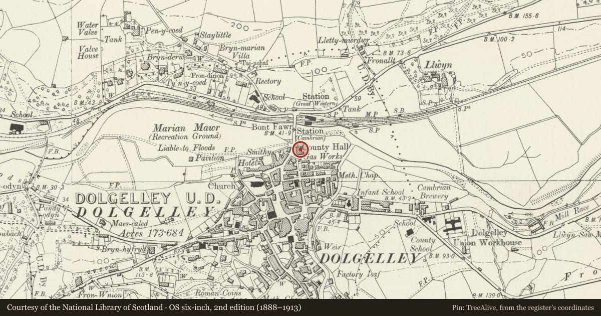 Ordnance Survey six-inch map, 2nd edition (1888–1913) covering the location of County Hall, Dolgellau, Gwynedd, with a pin at the register's coordinates