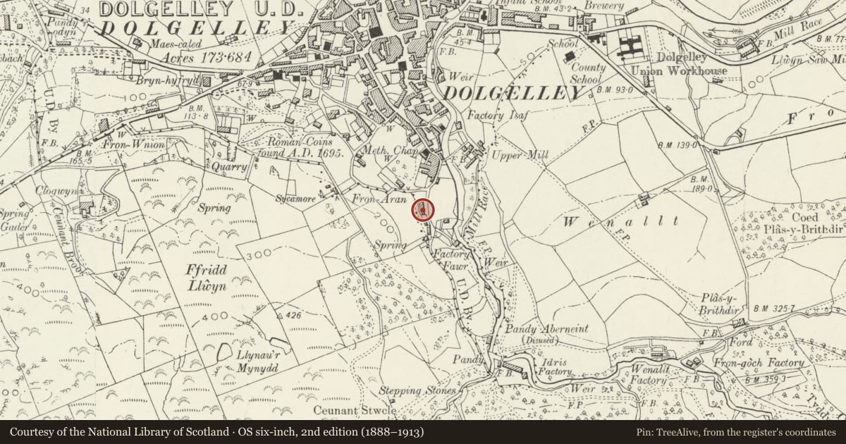 Ordnance Survey six-inch map, 2nd edition (1888–1913) covering the location of Glanarran Cottages, Dolgellau, Gwynedd, with a pin at the register's coordinates