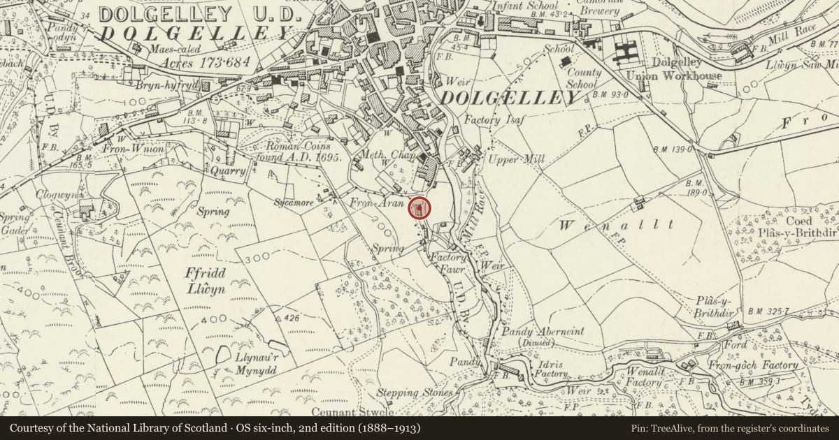 Ordnance Survey six-inch map, 2nd edition (1888–1913) covering the location of Glan Arran, Dolgellau, Gwynedd, with a pin at the register's coordinates