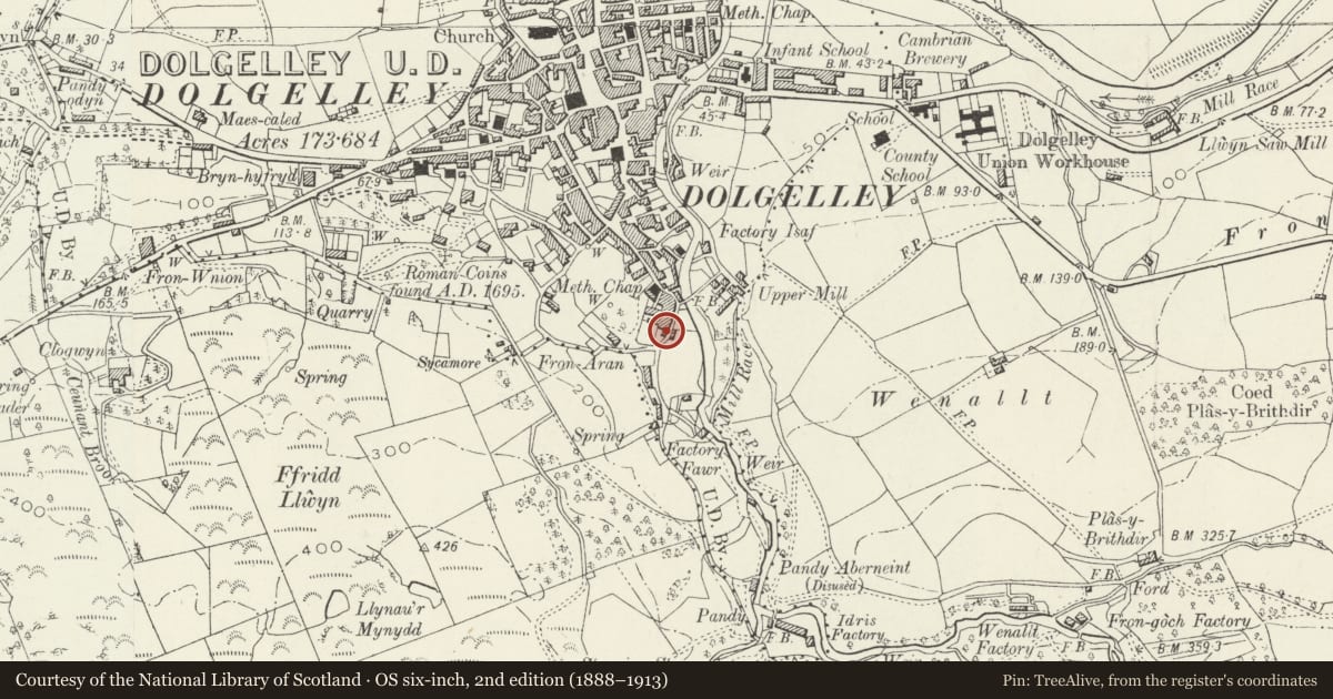 Ordnance Survey six-inch map, 2nd edition (1888–1913) covering the location of Bronant, Dolgellau, Gwynedd, with a pin at the register's coordinates