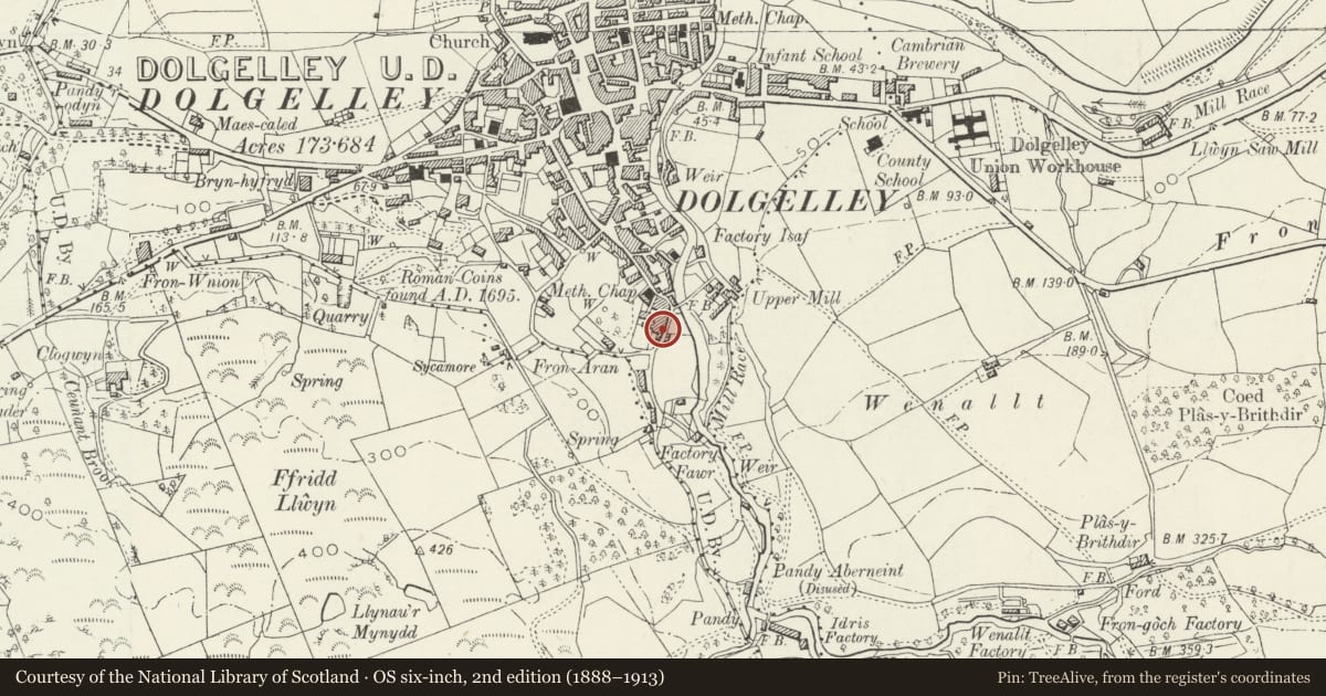 Ordnance Survey six-inch map, 2nd edition (1888–1913) covering the location of Pant Awel, Dolgellau, Gwynedd, with a pin at the register's coordinates