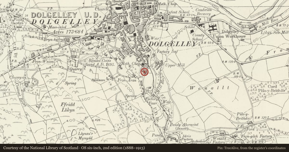 Ordnance Survey six-inch map, 2nd edition (1888–1913) covering the location of Range to rear of Pant Awel, Dolgellau, Gwynedd, with a pin at the register's coordinates