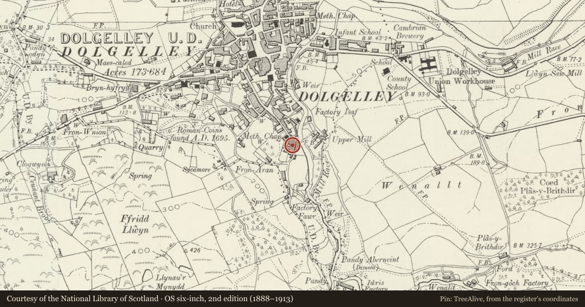 Ordnance Survey six-inch map, 2nd edition (1888–1913) covering the location of Derelict House to rear of Mill View, Dolgellau, Gwynedd, with a pin at the register's coordinates