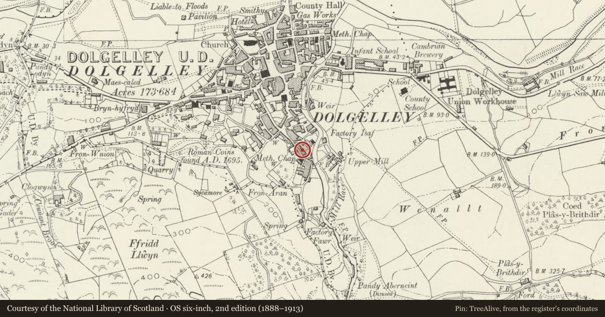 Ordnance Survey six-inch map, 2nd edition (1888–1913) covering the location of Glanafon, Dolgellau, Gwynedd, with a pin at the register's coordinates