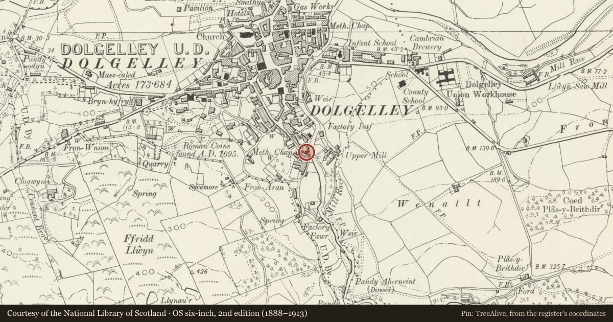 Ordnance Survey six-inch map, 2nd edition (1888–1913) covering the location of Penlan, Dolgellau, Gwynedd, with a pin at the register's coordinates