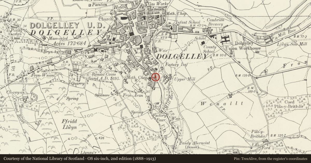 Ordnance Survey six-inch map, 2nd edition (1888–1913) covering the location of Coach House at Penlan, Dolgellau, Gwynedd, with a pin at the register's coordinates