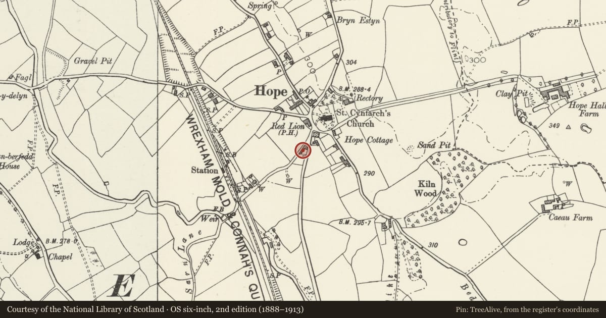 Ordnance Survey six-inch map, 2nd edition (1888–1913) covering the location of Sarn House, Hope, Flintshire, with a pin at the register's coordinates
