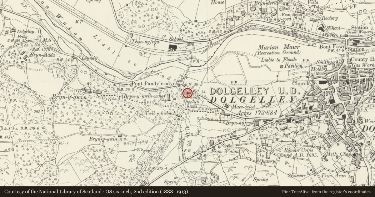 Ordnance Survey six-inch map, 2nd edition (1888–1913) covering the location of Pandy'r-Odyn Cottages, Dolgellau, Gwynedd, with a pin at the register's coordinates