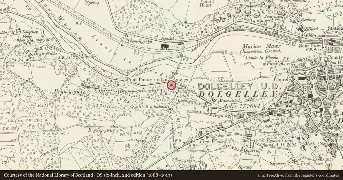 Ordnance Survey six-inch map, 2nd edition (1888–1913) covering the location of Pont Pandy'r-Odyn, Dolgellau, Gwynedd, with a pin at the register's coordinates