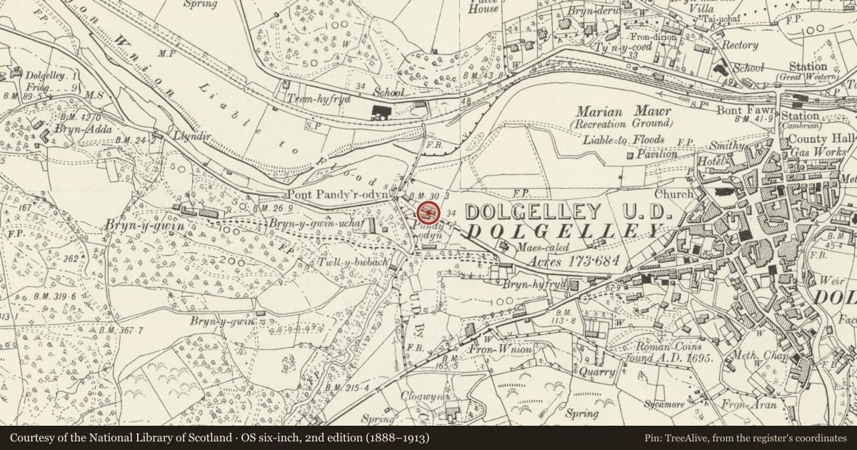 Ordnance Survey six-inch map, 2nd edition (1888–1913) covering the location of Pandy'r-Odyn Cottages, Dolgellau, Gwynedd, with a pin at the register's coordinates