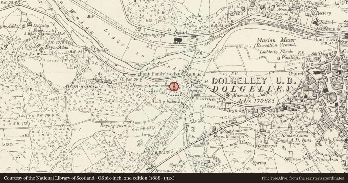 Ordnance Survey six-inch map, 2nd edition (1888–1913) covering the location of Bryn-y-Gwin Uchaf, Dolgellau, Gwynedd, with a pin at the register's coordinates