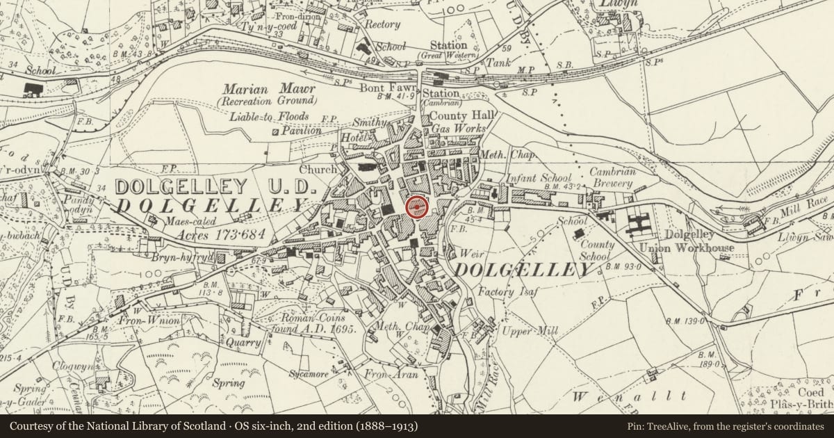 Ordnance Survey six-inch map, 2nd edition (1888–1913) covering the location of Y Belen Wlan, Dolgellau, Gwynedd, with a pin at the register's coordinates